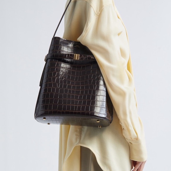 $1495 Toteme Dark Brown Belted Croc-Embossed Tote Bag - Picture 4 of 14